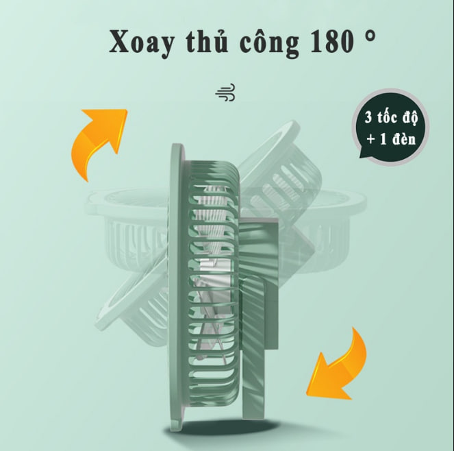 Quạt Tích Điện Treo Tường Mini Cầm Tay 3 Chế Độ Gió , Quạt Để Bàn Tích Hợp Đèn Led, Kiêm Đèn Ngủ, Pin Trâu