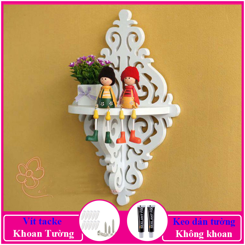 Kệ treo tường trang trí không cần khoan, chất liệu gỗ nhựa cao cấp màu trắng, decor không gian sống - a02