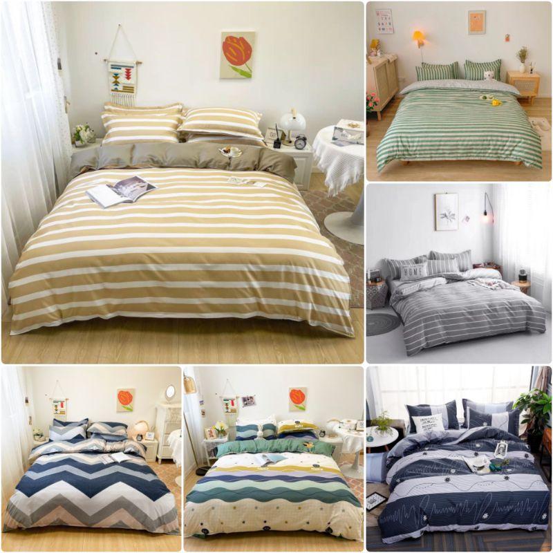 Bộ chăn ga gối kẻ ngang Cotton Poly cao cấp phong cách Hàn Quốc đủ size miễn phí bo chun drap ga giường theo yêu cầu
