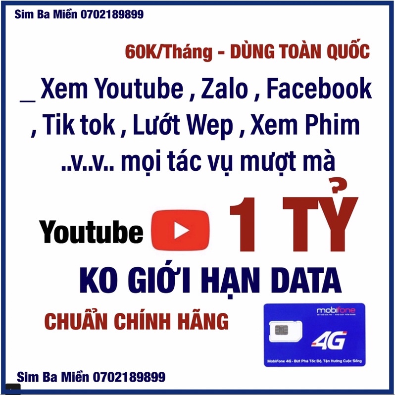 [1 TỶ GB] SIM 4G Mobifone Không giới hạn dung lượng gói ED60 (60k/tháng) HÀNG CHÍNH HÃNG