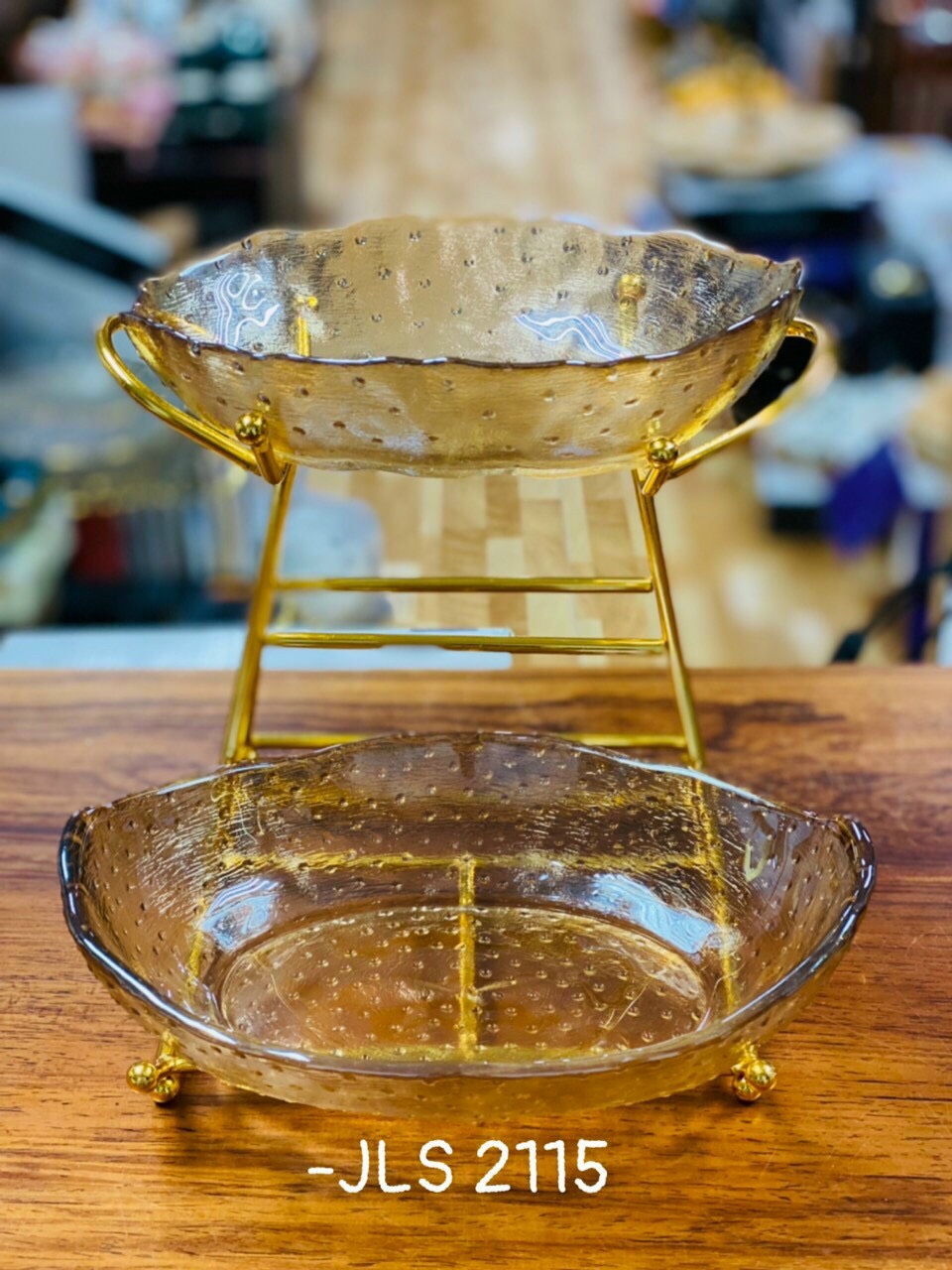 KHAY ĐỰNG SALAD BÁNH KẸO HOA QUẢ THỦY TINH 2 TẦNG KHUNG KIM LOẠI MẠ VÀNG SANG TRỌNG - VD186