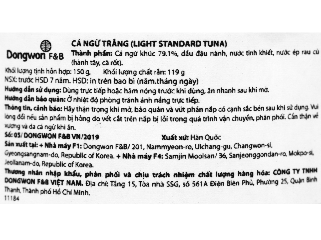 Cá Ngừ Trắng Ngâm Dầu Dongwon Hàn Quốc Hộp 150 Gam