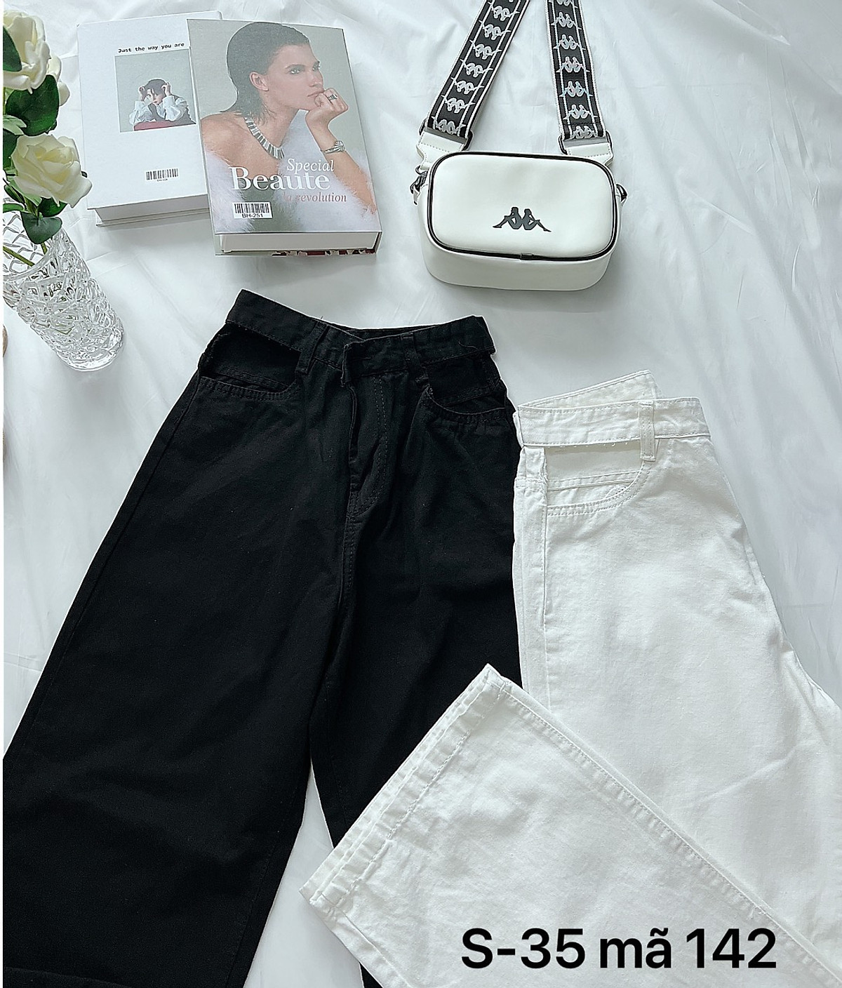 Quần baggy jean ống suông khoét eo