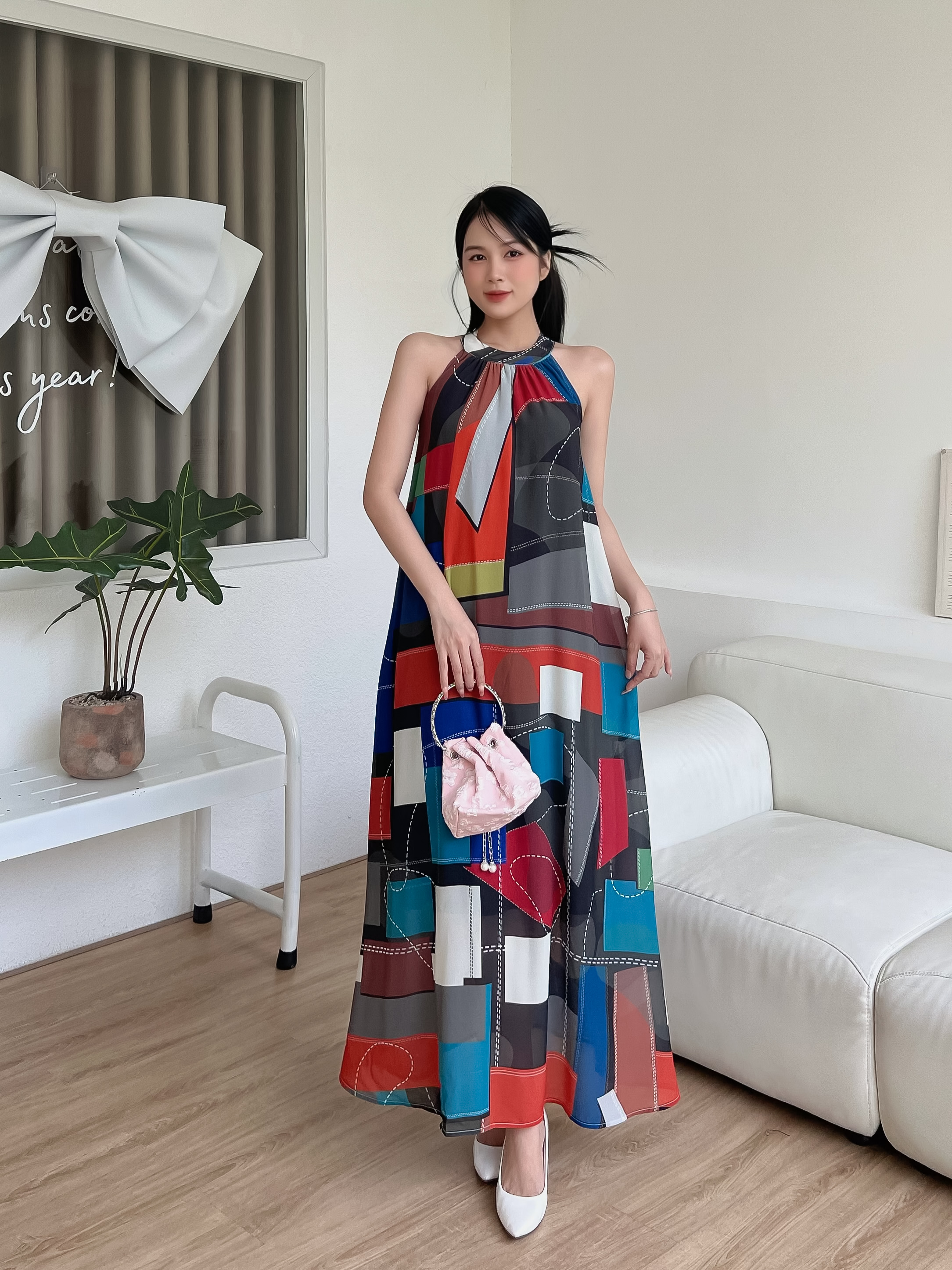 [HCM] Đầm maxi voan Hàn in họa tiết kẻ ô lập thể - MS114