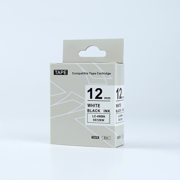 Tape nhãn in tương thích SS12KW (LC-4WBN) dùng cho máy in nhãn KingJim SR &amp; EPSON LW (chữ đen nền trắng, 12mm)
