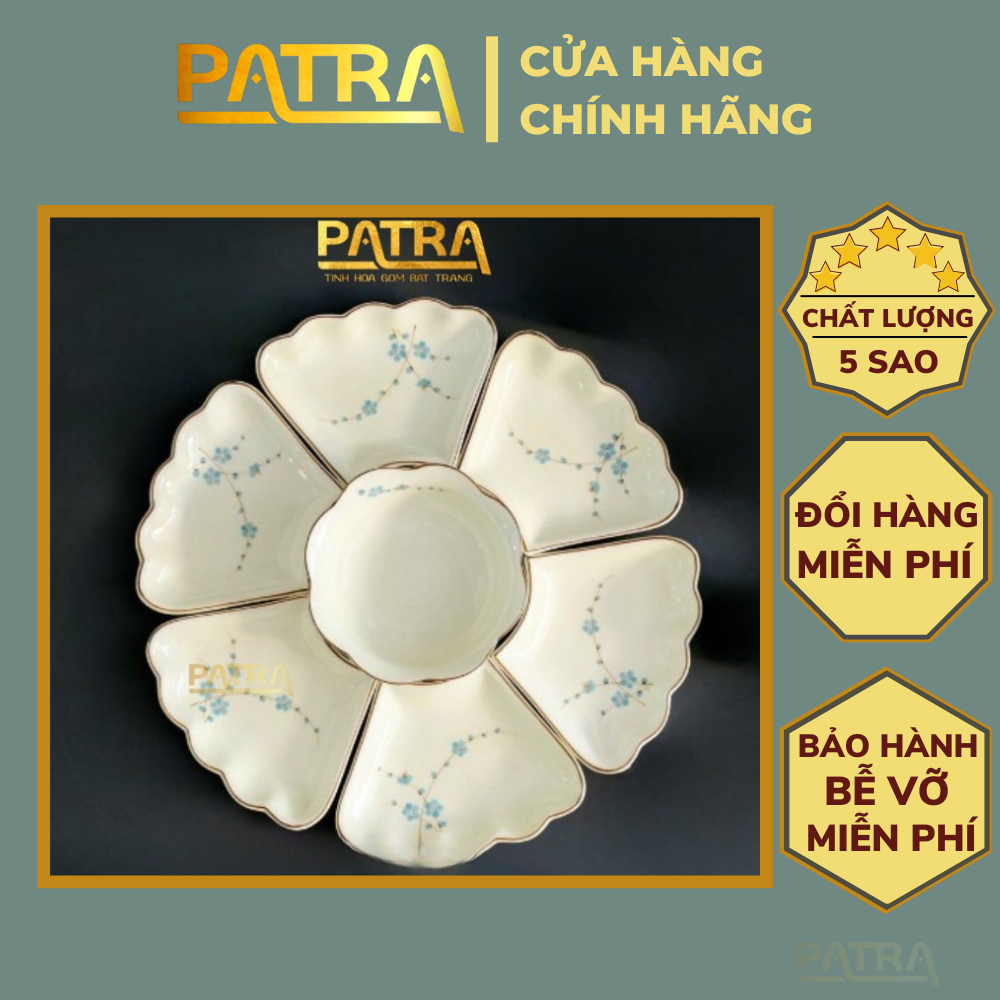 Bộ bát đĩa hoa mặt trời, bát đĩa sứ men kem Bát Tràng họa tiết hoa đào xanh thờ cúng gia tiên