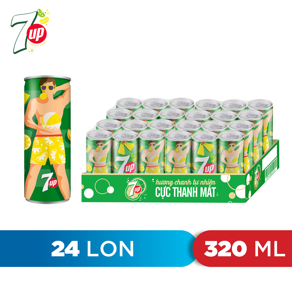 Thùng 24 Lon Nước Ngọt Có Gaz 7Up lon xanh (320ml/lon)