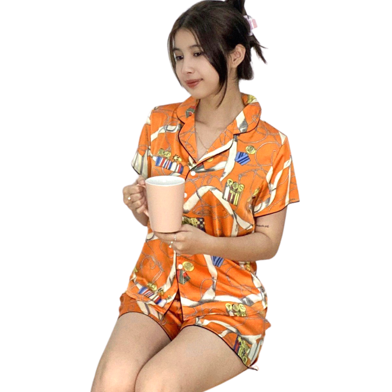Đồ bộ Pyjama lụa, đồ mặc nhà nữ VILADY  - B134 kiểu quần đùi tay cộc, họa tiết siêu dễ thương, chất liệu lụa Pháp ( lụa latin) - Màu cam