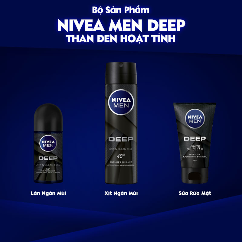 Combo NIVEA MEN Than Hoạt Tính Xịt Ngăn Mùi (150ml) - 80027 &amp; Sữa Rửa Mặt(100G) - 84415