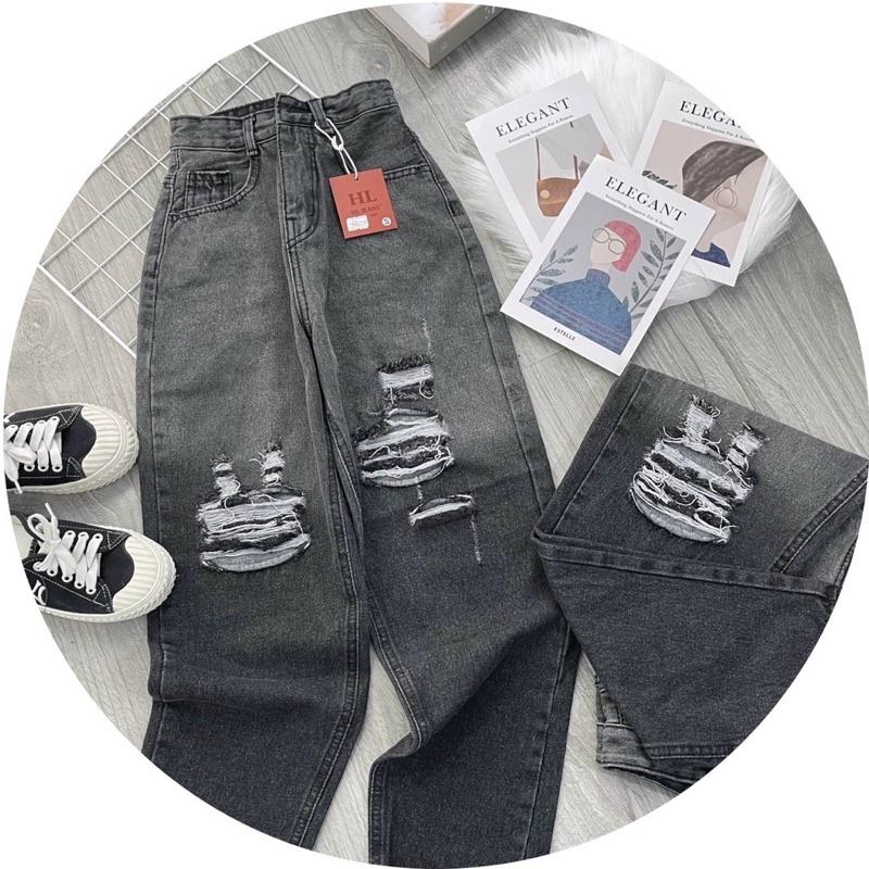 (kèm ảnh thật) Quần jean baggy nữ rách 2 bên màu xám loang mẫu mới H.N.M STORE
