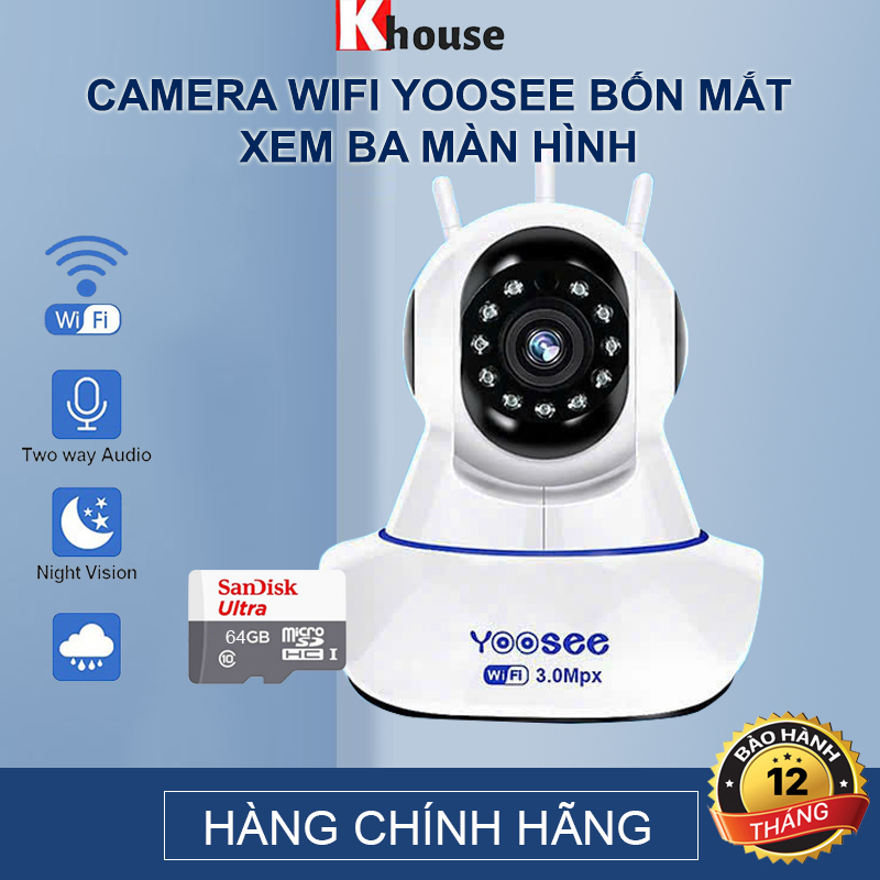 Camera Wifi Trong Nhà Yoosee 3Mpx Full HD, 3 Râu 11 Đèn Hồng Ngoại, Xoay 360 độ , Đàm Thoại 2 Chiều, Cảm Biến Báo Động  Hàng nhập khẩu - CAMERA  THEẺ 64GB