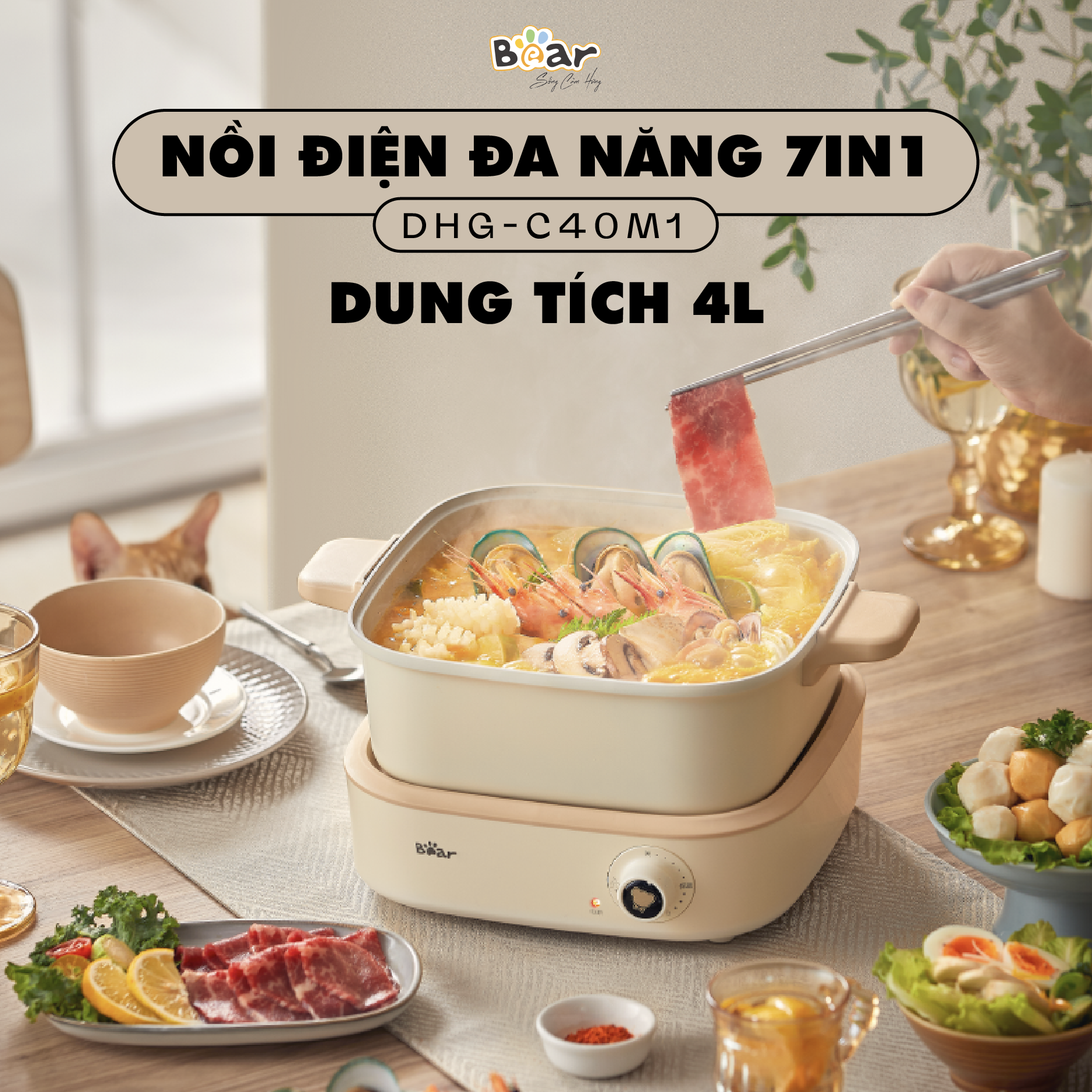 Nồi Lẩu Điện Đa Năng Bear 7 trong 1 Chống Dính Cao Cấp Tiết Kiệm Điện DHG-C40M1 - Hàng chính hãng