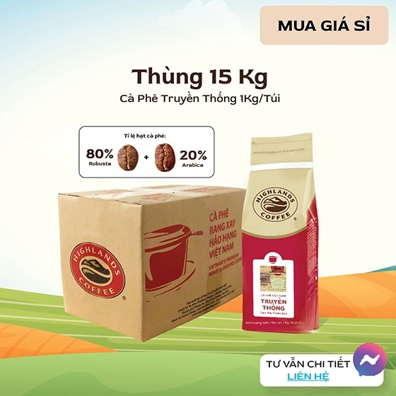 [Giá sỉ liên hệ] Thùng 15 KG Cà phê bột Truyền thống Highlands Coffee 1kg