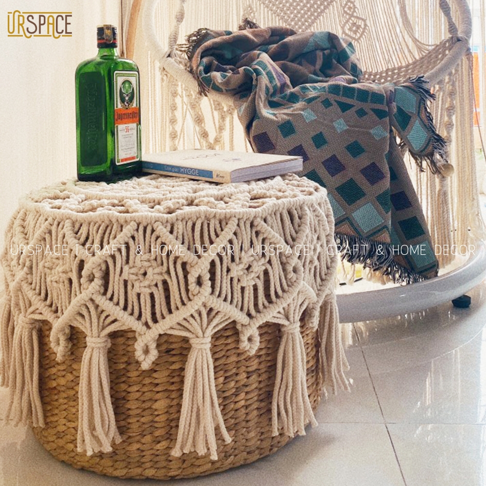 Ghế đôn lục bình phù thảm Macrame URSPACE trang trí decor phong cách Bắc Âu/ HYACINTH OTTOMAN STOOL WITH MACRAME CARPET