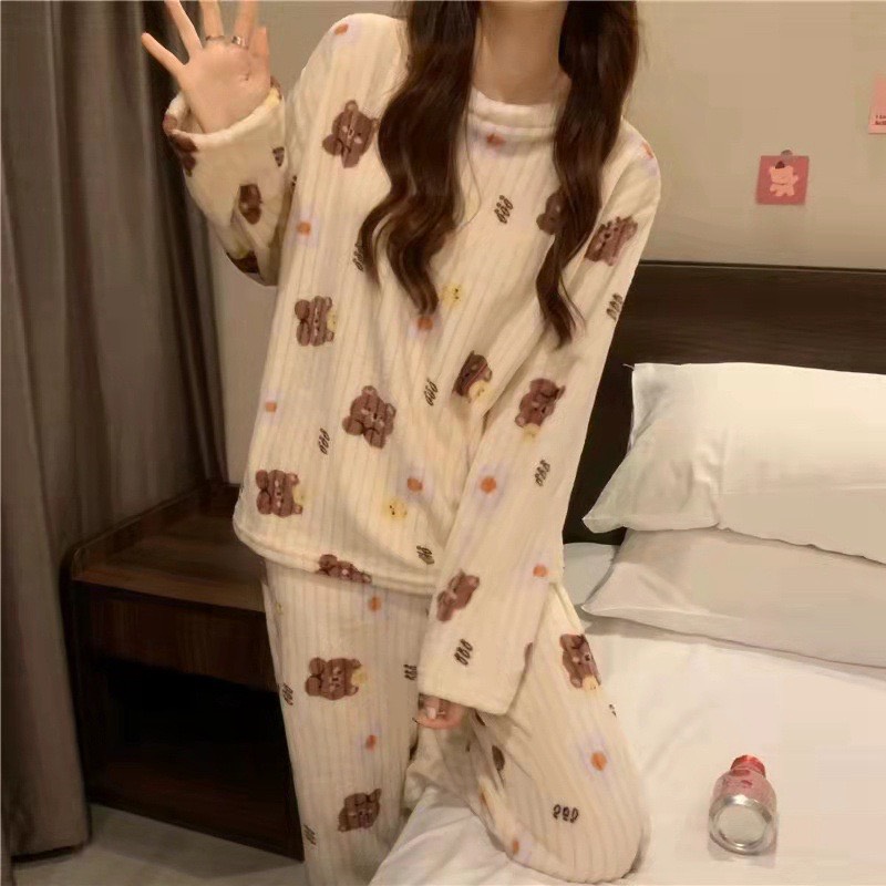[ Hot loại 1 ] Bộ mặc nhà nỉ lông  hoạ tiết trái đào mềm siêu ấm áp, bộ ngủ lông cừu mẫu mới 2022