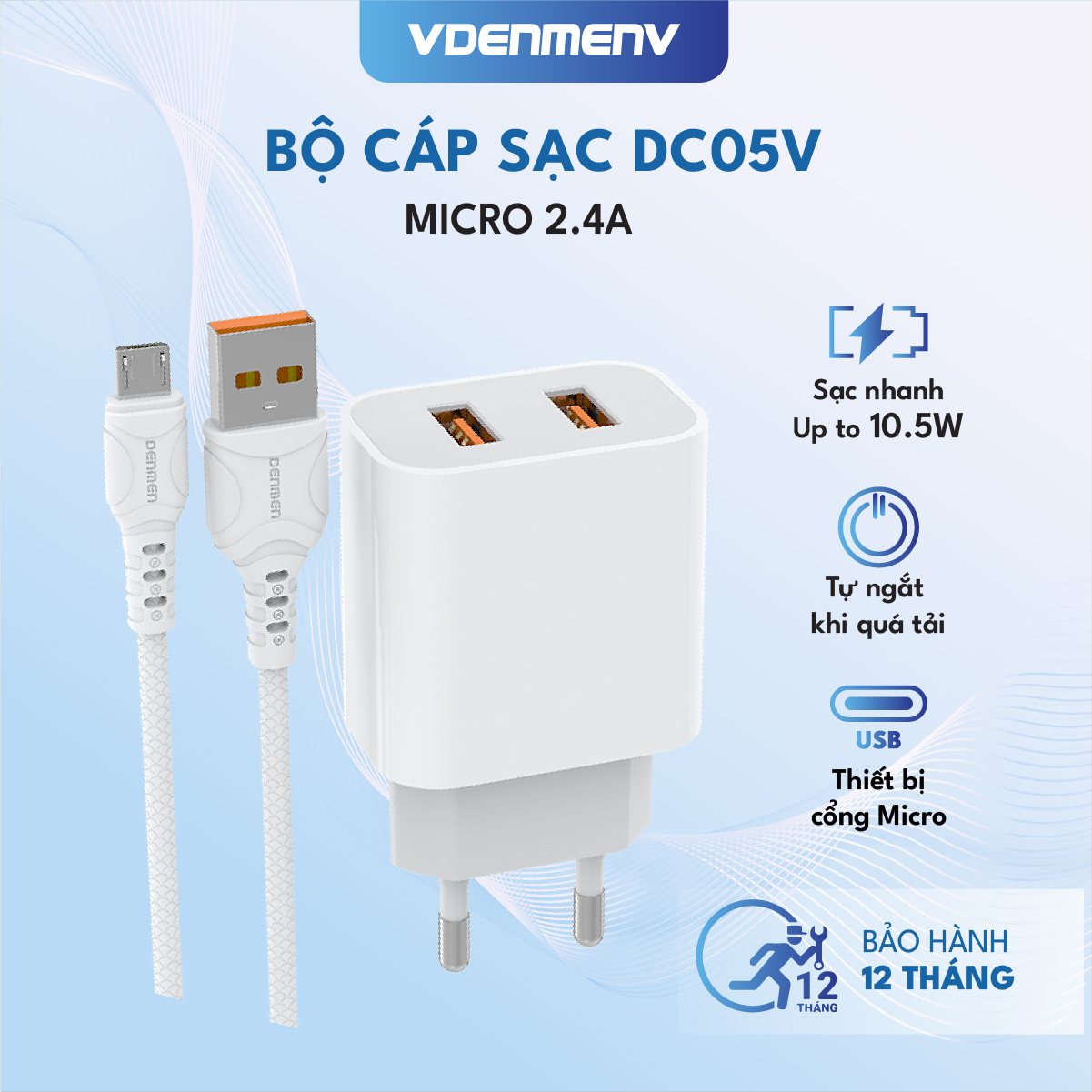 Bộ Cáp Sạc Micro VDENMENV DC05V Vỏ Nhựa ABS Chống Cháy, 2 Đầu USB, Tự Ngắt Khi Quá Tải-Hàng Chính Hãng