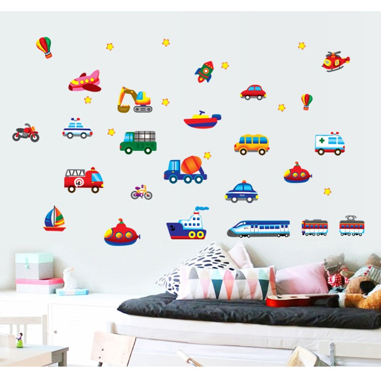 Decal trang trí phòng bé trai các loại xe, tàu, thuyền, khinh khí cầu
