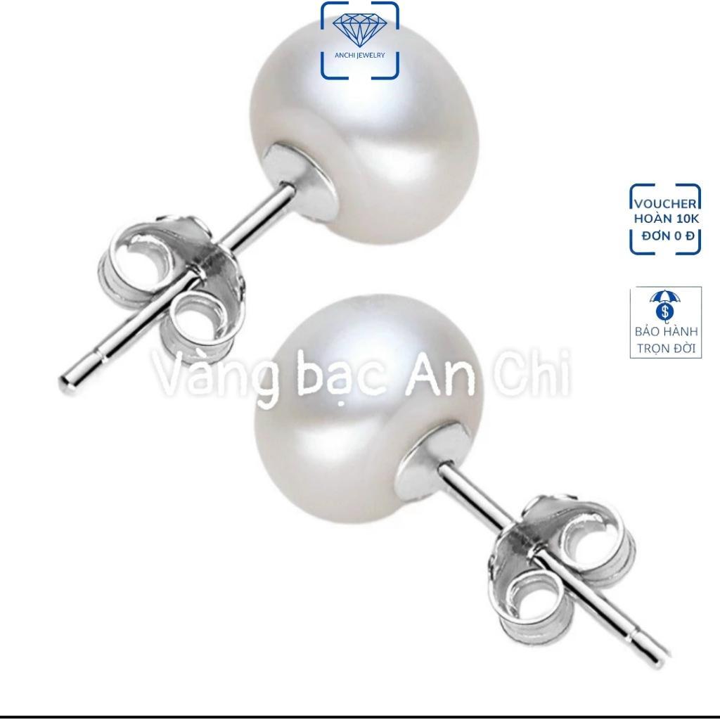 Bông tai nụ trai chốt bạc thanh lịch thời trang, trang sức Anchi jewelry