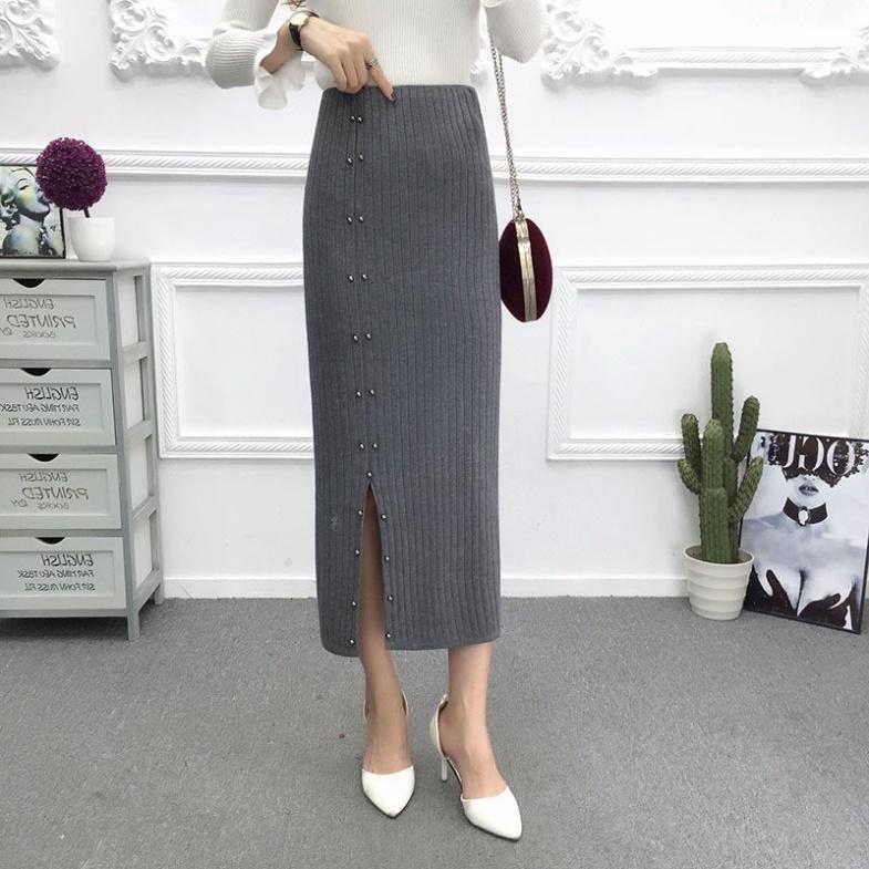 Chân váy len midi giá rẻ dáng dài xẻ tà có cúc phía trước a209