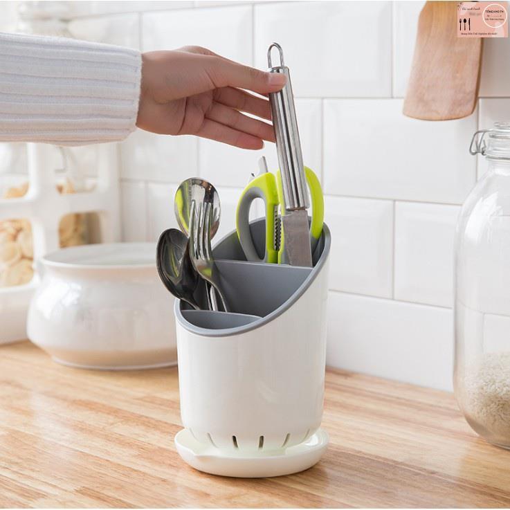 Ống đựng đũa dao thìa, Ống đựng đồ dùng nhà bếp đa năng thiết kế 2 lớp có khay hứng nước