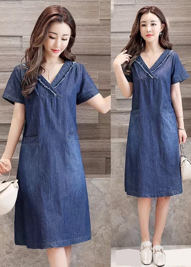Đầm Jean Nữ Cổ Tim Túi Giả