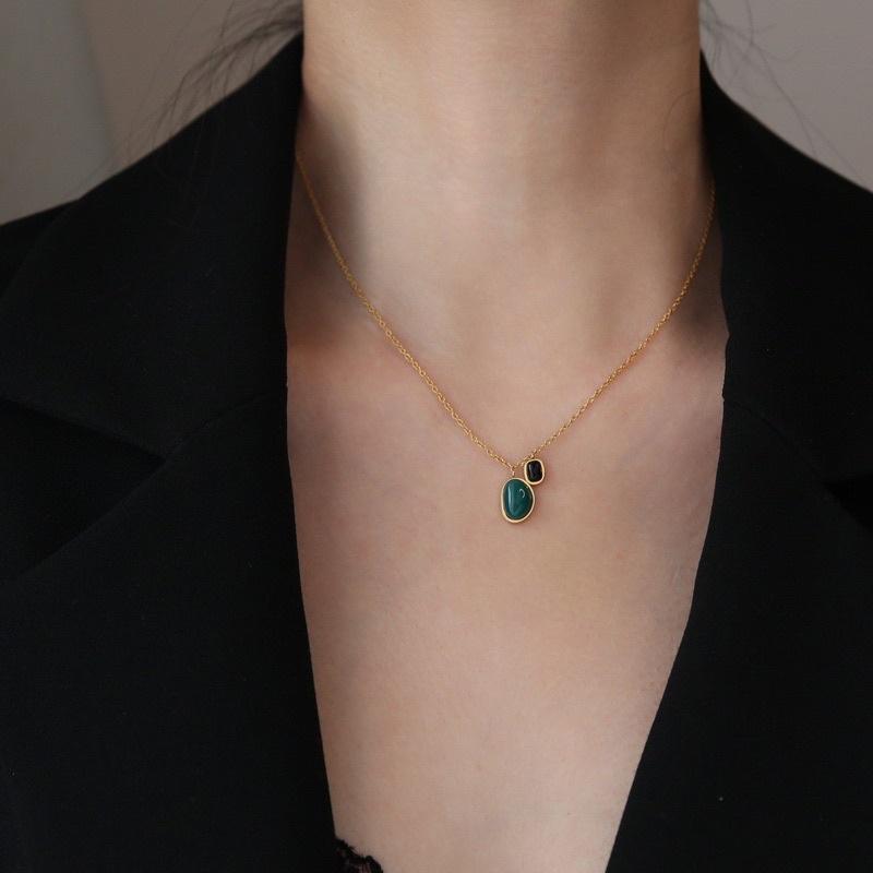 Bộ trang sức dây chuyền bông tai lắc chân đá xanh đen vintage đẹp Ring House