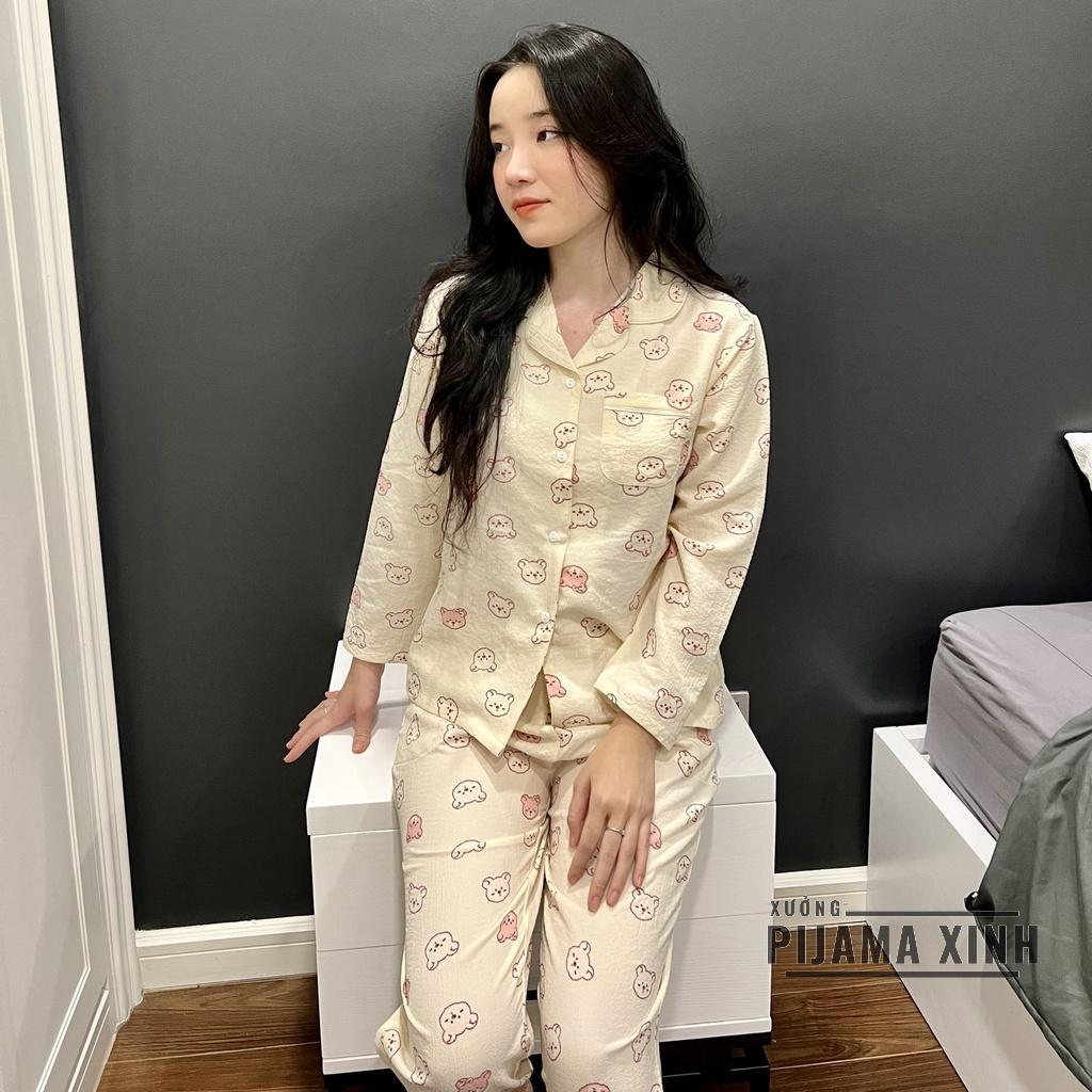 Bộ Mặc Nhà, Đồ Ngủ Nữ, Pijama Dài Tay Hình Gấu Chất Liệu Xốp Đũi Hàn