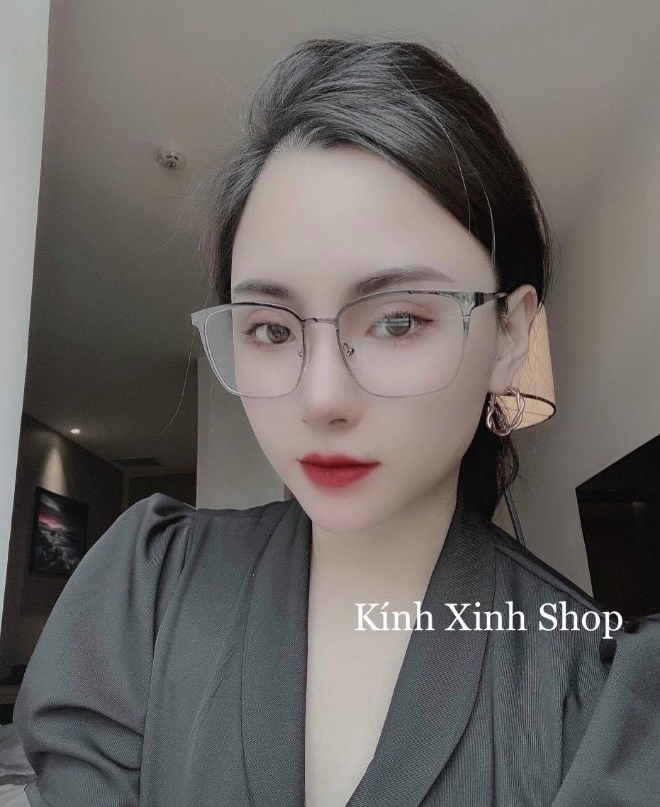 Kính tròng trắng chống ánh sáng xanh, chống uv mắt vuông to kim loại