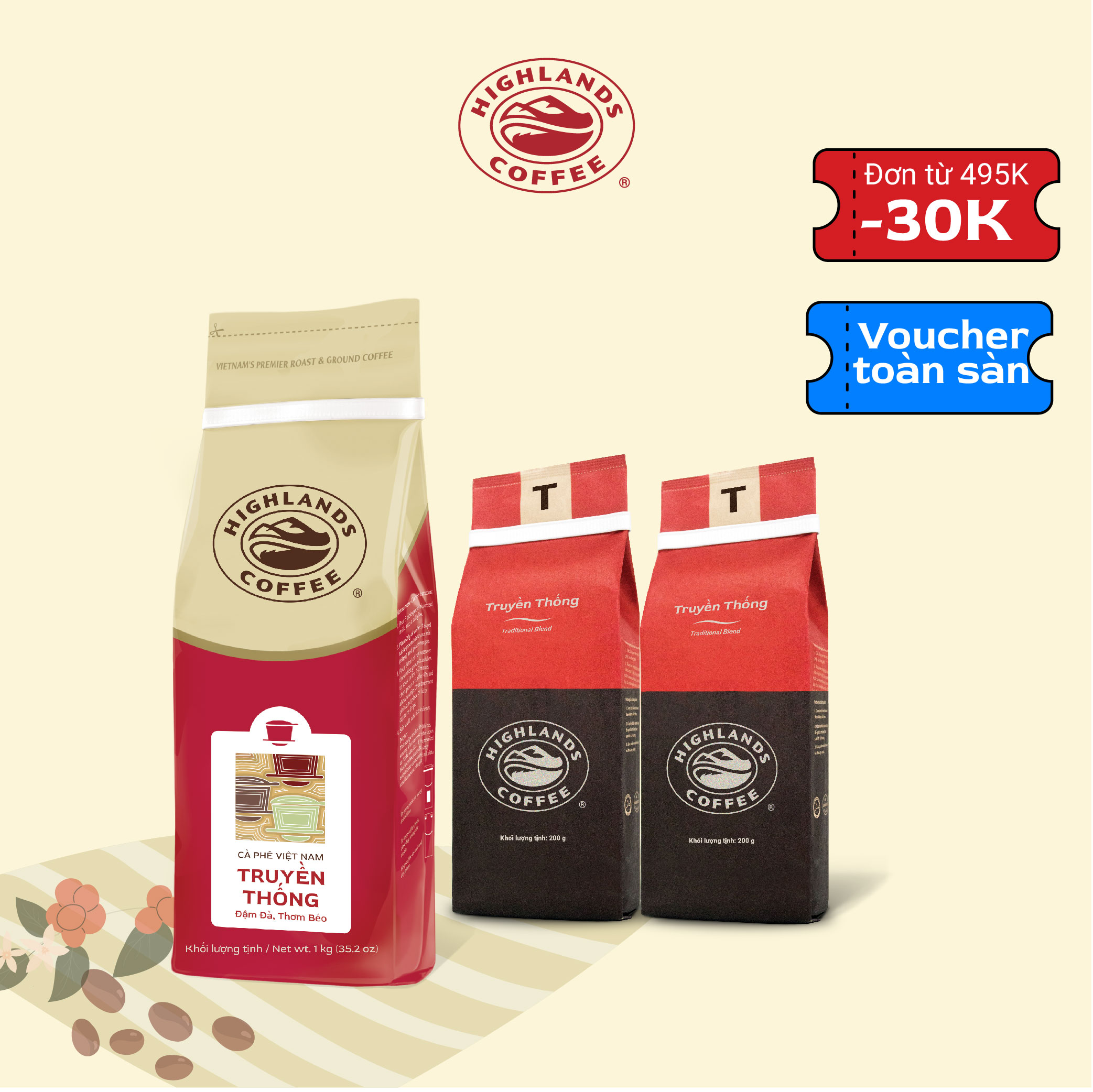 Cà Phê Truyền Thống 1kg và 02 gói Truyền Thống 200g