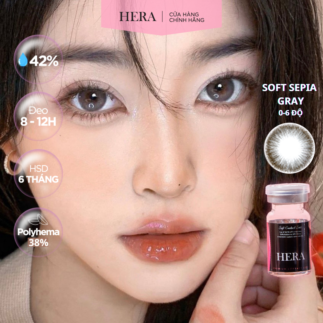 Kính Áp Tròng Hera Xám Thông Vân Nổi 0 - 6 Độ SOFT SEPIA GRAY Nhập Khẩu Hàn Quốc Lens Cận 6 Tháng