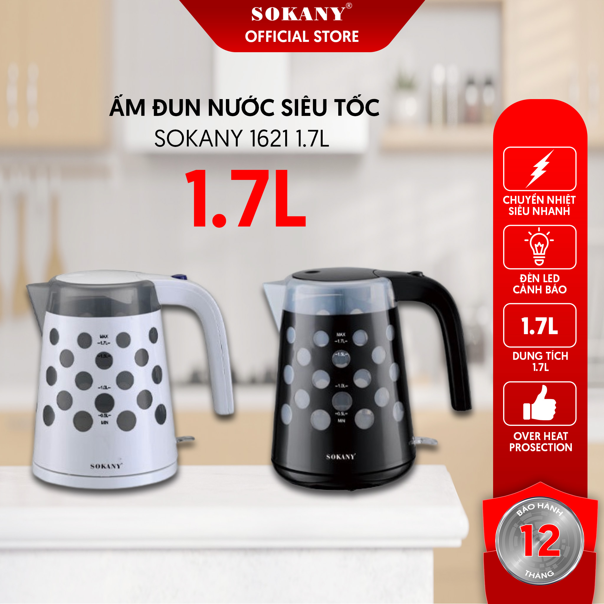 Ấm Đun Nước Siêu Tốc SOKANY 1621 1.7L Bảo Hành 12 Tháng Hàng Chính Hãng