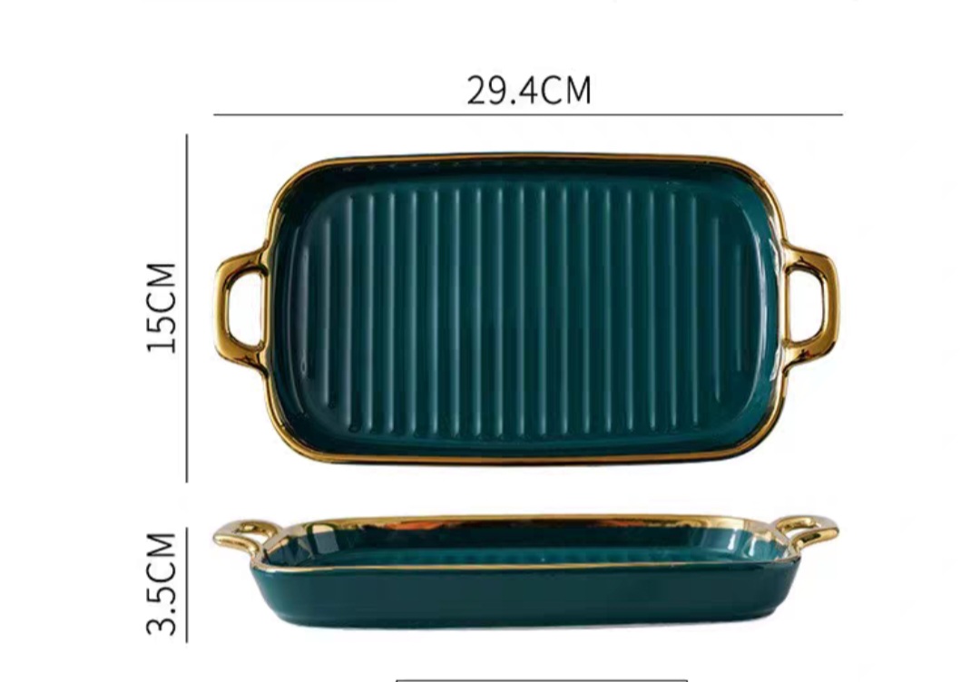Đĩa sứ chữ nhật to - Đĩa sứ đẹp 2 tay cầm viền vàng cực chảnh - Đĩa sứ đựng thức ăn cho nhà hàng, gia đình