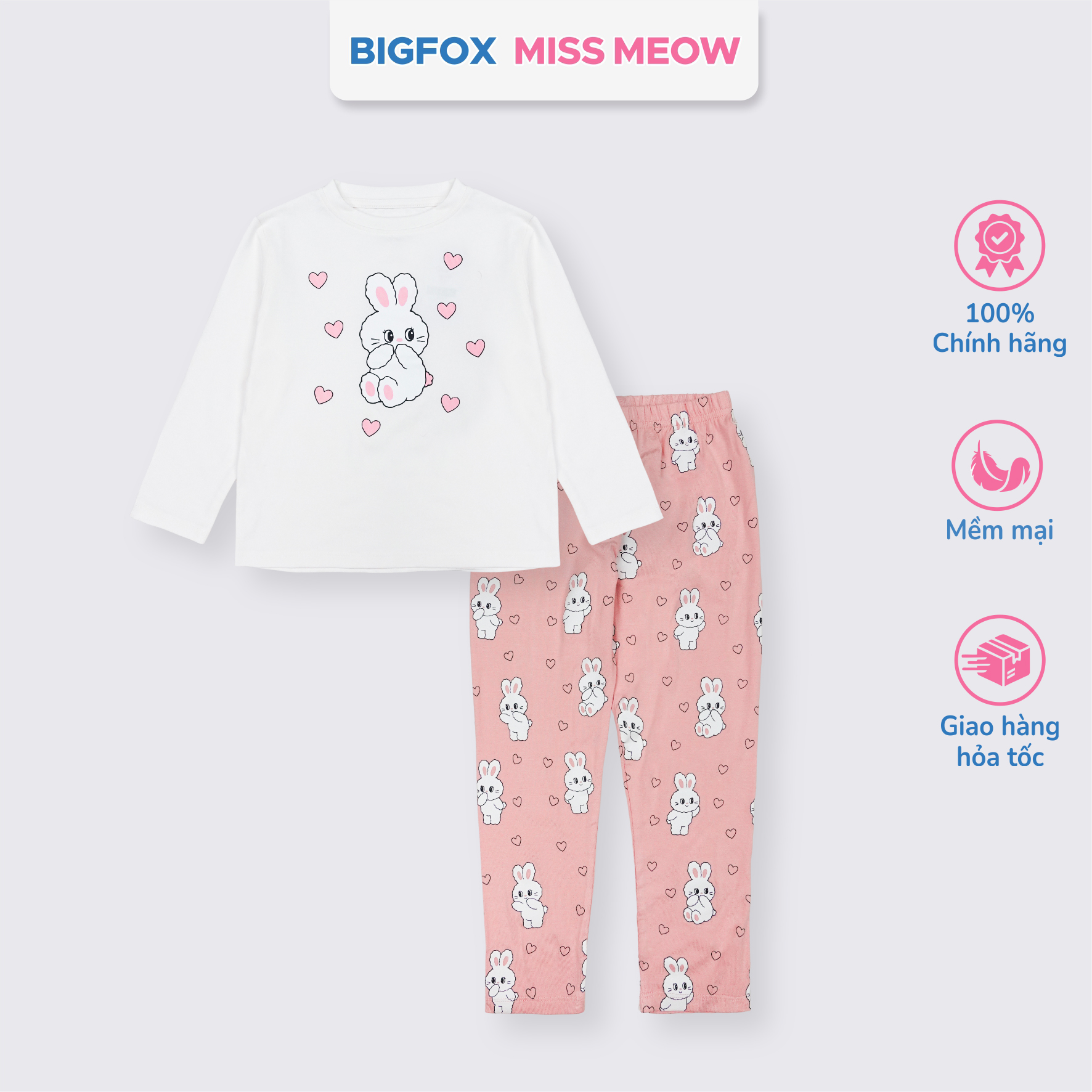Bộ quần áo thu đông cho bé gái Bigfox Miss Meow size đại dài tay thun cotton mặc nhà 3-11 tuổi 30kg