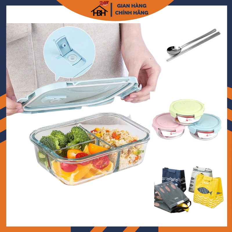 Bộ Hộp Cơm Thủy Tinh 3 Ngăn Cao Cấp - Kèm Túi Xách , Bát Tròn đựng canh và Đũa Thìa inox
