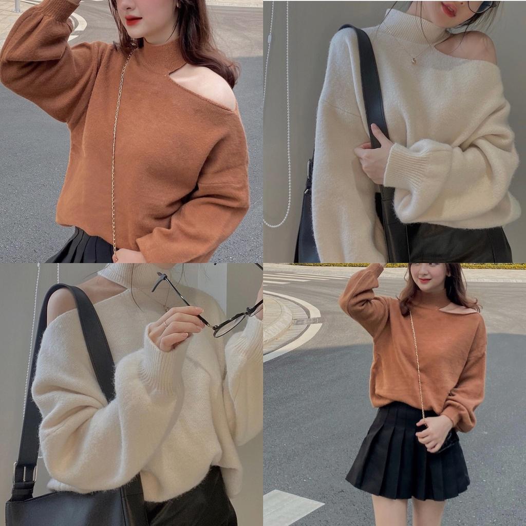 Áo len mịn XẺ VAI form rộng, áo len giấu quần lệch vai ulzzang - Made by Fiin
