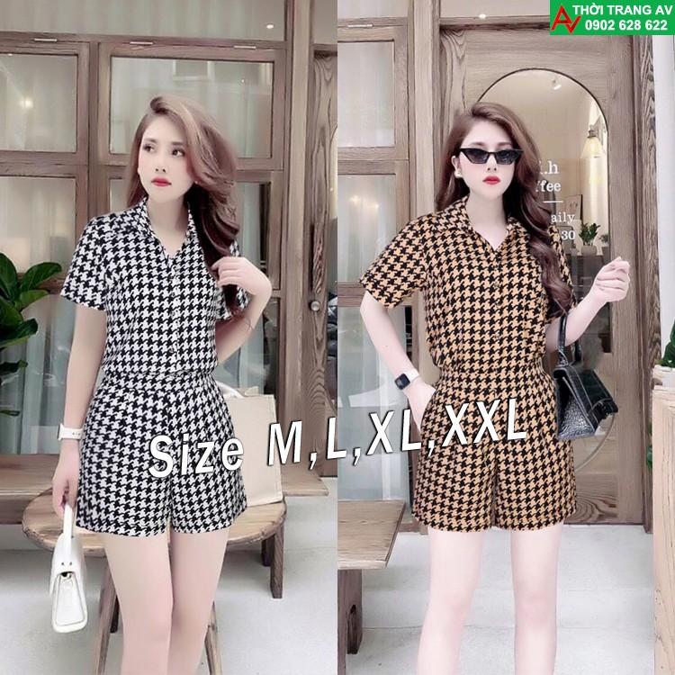 AV6528 - Bộ áo sơ mi tay dài và quần short đen họa tiết ziczac