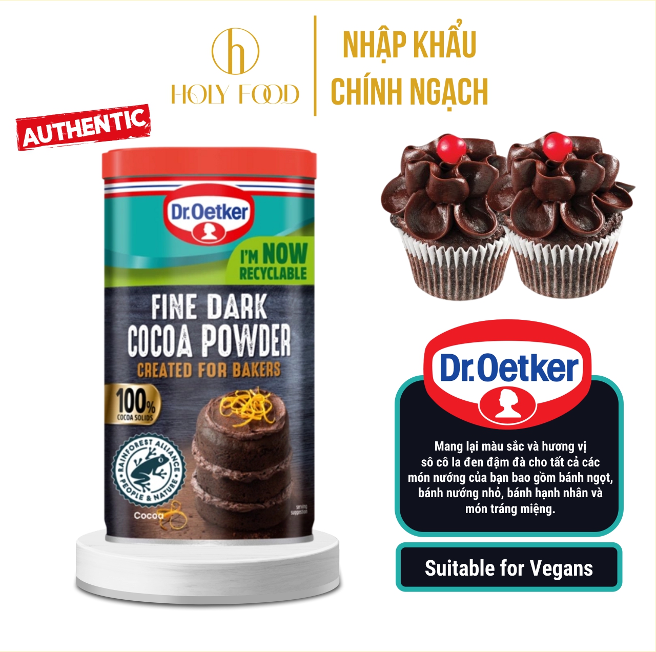 Bột Làm Bánh Cacao Nguyên Chất 100% Đen Mịn Fine Dark Cocoa Powder Dr Oetker 190G