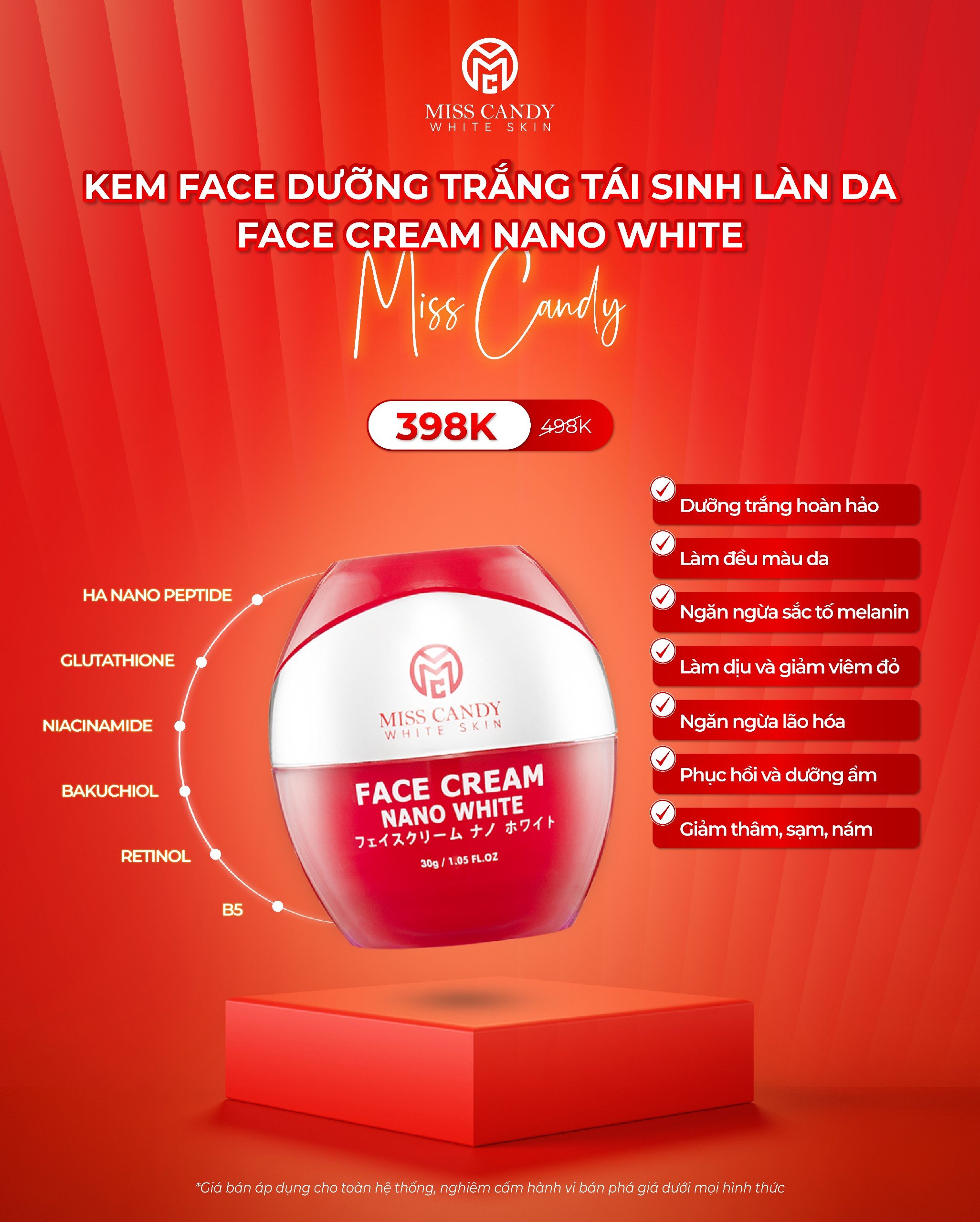 Bộ 3 Sản Phẩm Dưỡng Trắng Da Mờ Thâm, Sạm, Nám, Tàn Nhang MISS CANDY Giúp Tái Sinh Làn Da Gồm: Serum HA Peptide 30ml + Kem Dưỡng Trắng Da Face Nano 30g + Kem Chống Nắng Dưỡng Trắng Da 50g - Gia Tuệ House