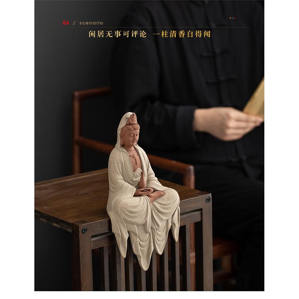 Tượng Phật Bà Quan Thế Âm Bồ Tát Nâng bình phổ độ chúng sinh- Tượng phật gốm tử sa trang trí decor ghép lũa