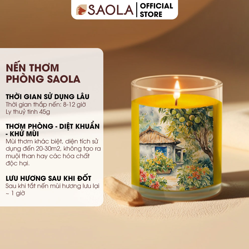 Nến Thơm Phòng SaoLa, Nến Thơm Cao Cấp, tinh dầu từ Thảo Dược Huế, 100% Sáp Ong Rừng, 45g