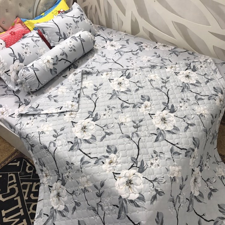 Set 5 món chăn hè ga chun Cotton Poly - Hoa Ghi - Tặng kèm 1 móc khóa Houston