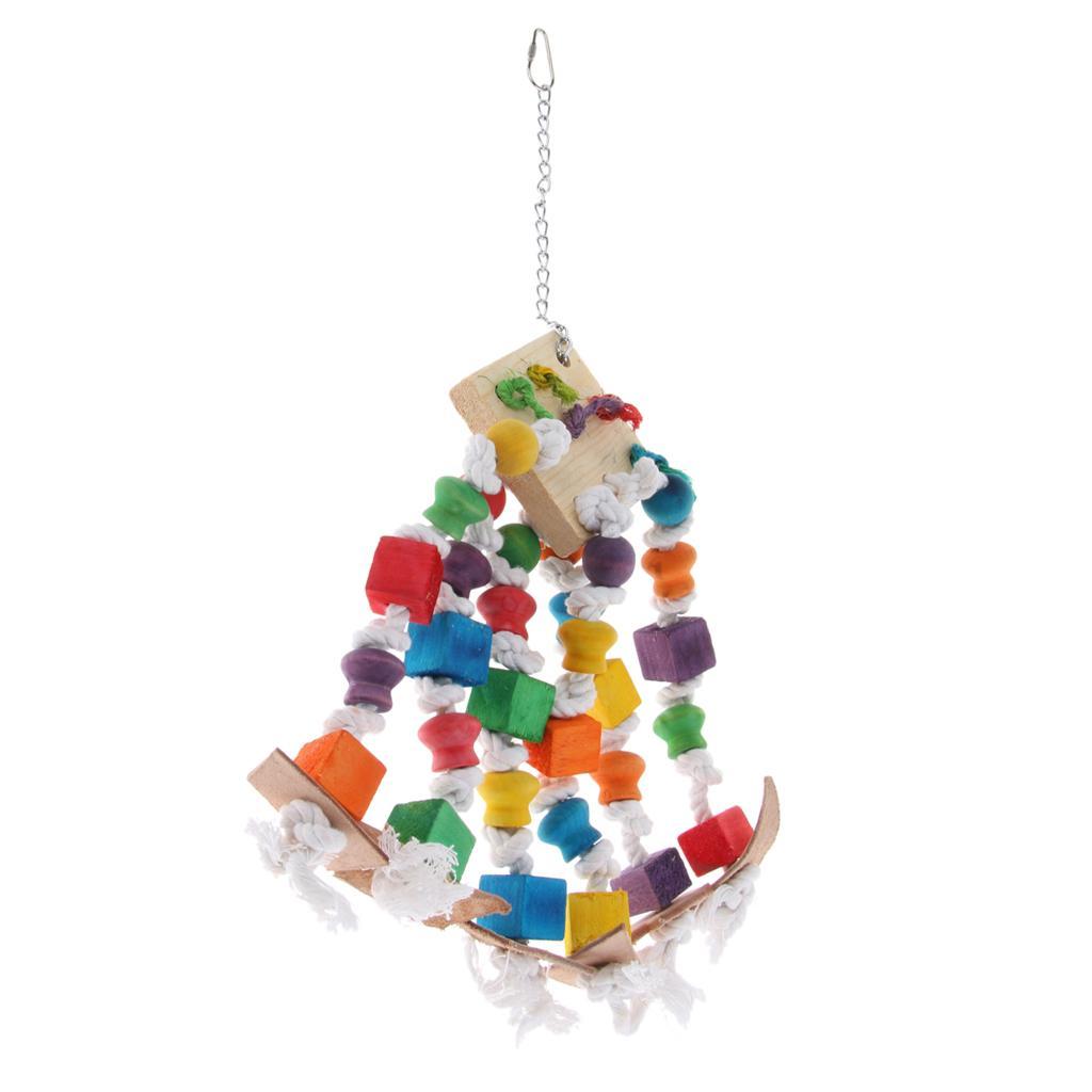 2 Pcs Hanging Toys for Pet Parrot,Colorful Wood Blocks Loofah Leather Swing