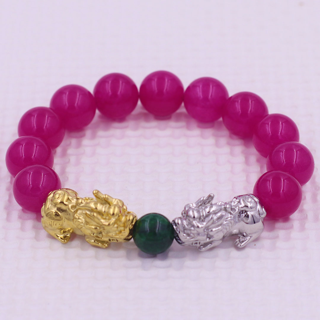 Vòng chuỗi đeo tay đa thạch anh hồng 12 ly charm tỳ hưu đôi inox trắng và vàng, vòng chuỗi phong thủy, charm tỳ hưu, vòng tay hạt chuỗi