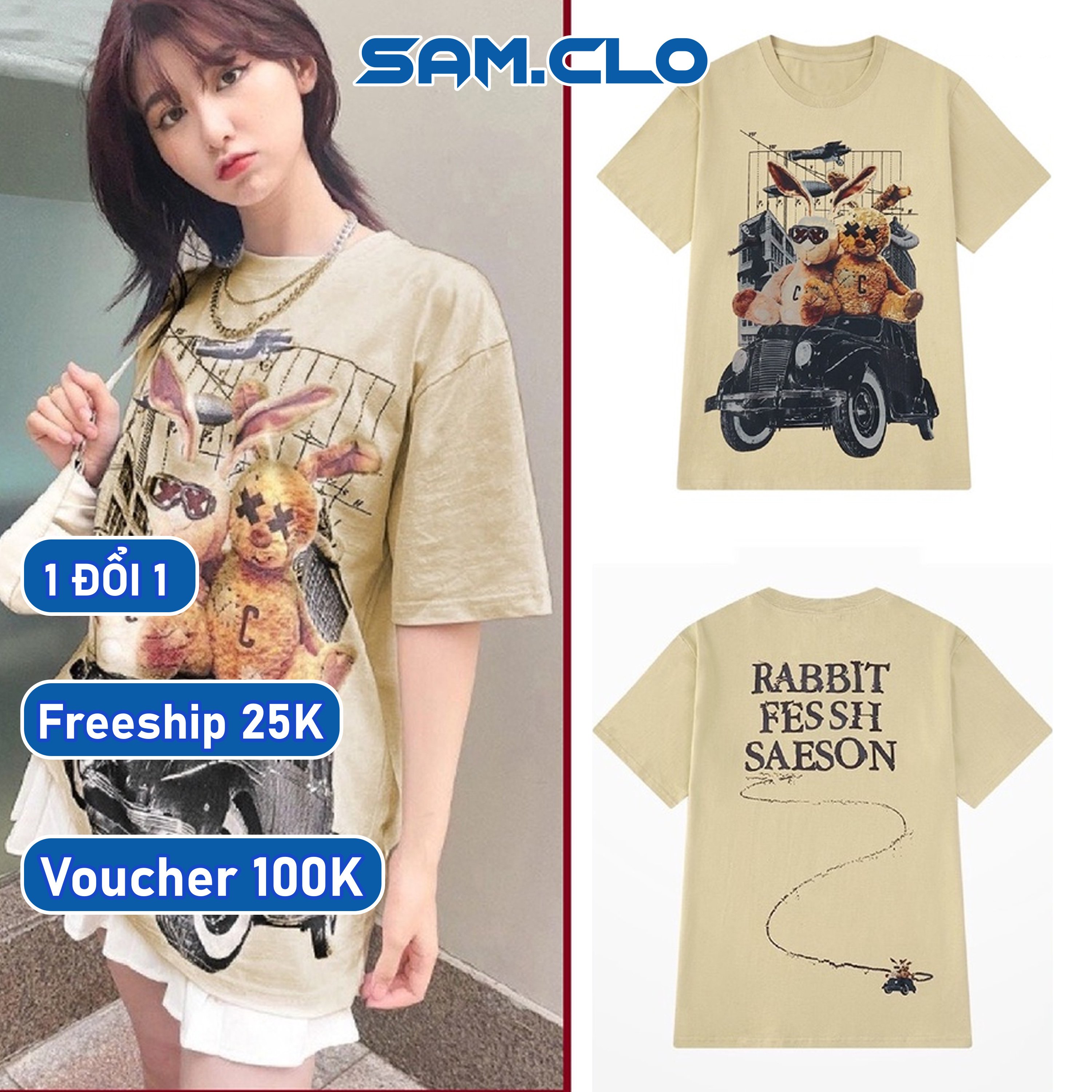 Áo phông tay lỡ nam nữ SAM CLO thun form rộng dáng Unisex - mặc cặp, nhóm, lớp in HAI CHÚ THỎ XE HƠI