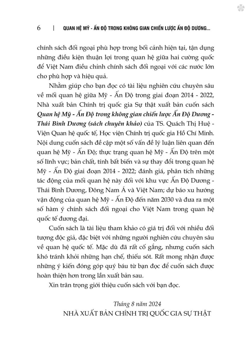 Quan hệ Mỹ - Ấn Độ trong không gian chiến lược Ấn Độ Dương - Thái Bình Dương - bản in 2024