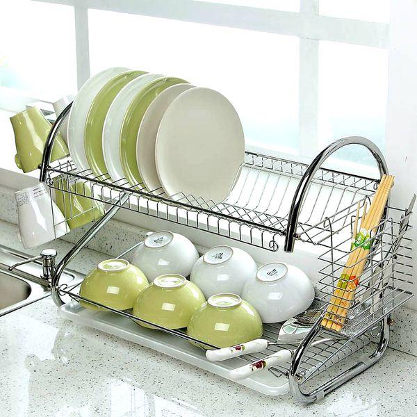 Kệ Để Chén Đĩa 2 Tầng Bằng Inox - Giá Úp Bát Đĩa Có Ống Cắm Đũa Tiện Dụng