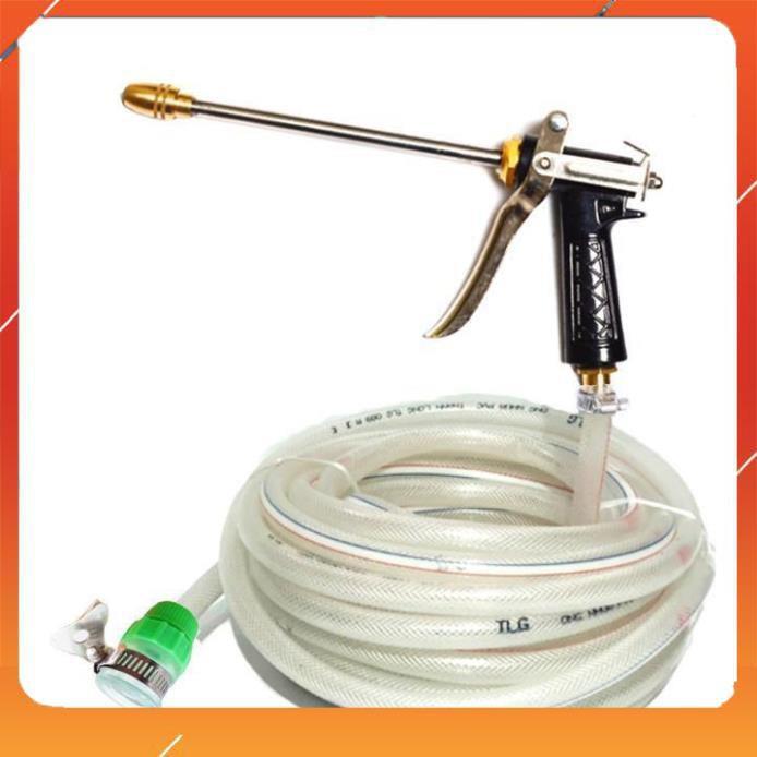Bộ dây vòi xịt nước rửa xe, tưới cây , tăng áp 3 lần, loại 7m, 10m 206318 đầu đồng,cút,nối đen+ đai