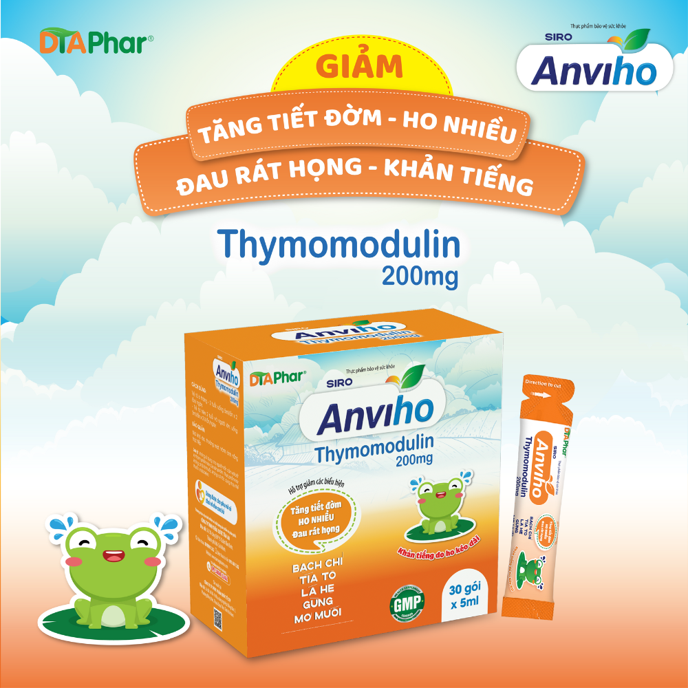 Siro uống Anviho cam Hỗ trợ làm ấm họng, giải cảm, giảm ho, long đờm, tăng cường sức đề kháng của trẻ. Hỗ trợ giảm đau rát họng do ho kéo dài, do viêm đường hô hấp trên Hộp 30 gói