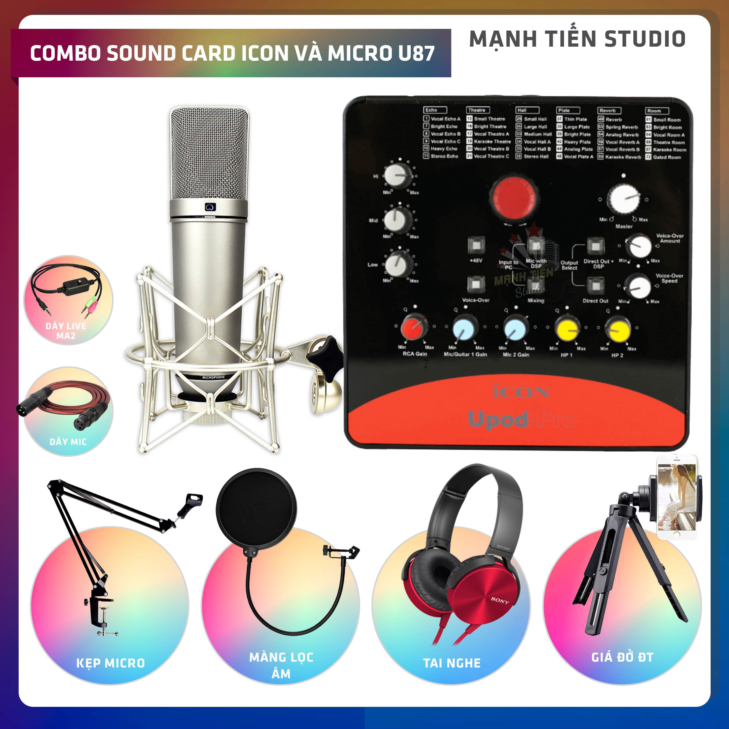 Combo thu âm, livestream Micro AQTA U87-MA, Sound card Icon Upod Pro - Kèm full phụ kiện kẹp micro, màng lọc, tai nghe, giá đỡ ĐT, dây mic, dây livestream ma2 - Hỗ trợ thu âm, karaoke online chuyên nghiệp - Hàng chính hãng