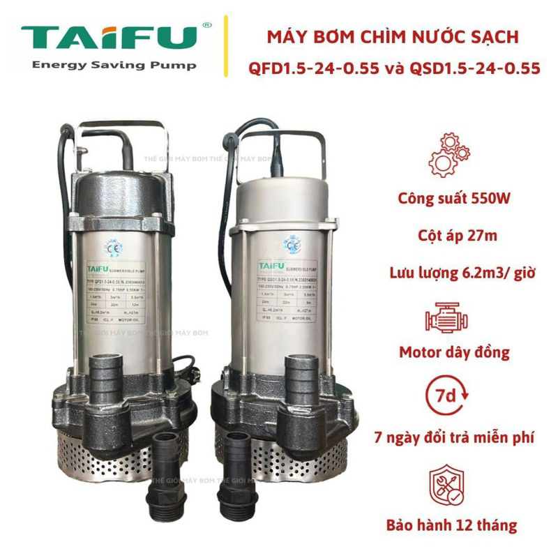 Máy bơm chìm đẩy cao 550W (0.75HP) Thân,Nắp INOX 304 TAIFU QFD1.5-24-0.55 và QSD1.5-24-0.55 - Bảo hành 1 năm